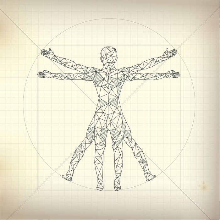 Concept of scientific proportion, illustration of Leonardo Da Vinci Vitruvian Man about human anatomy