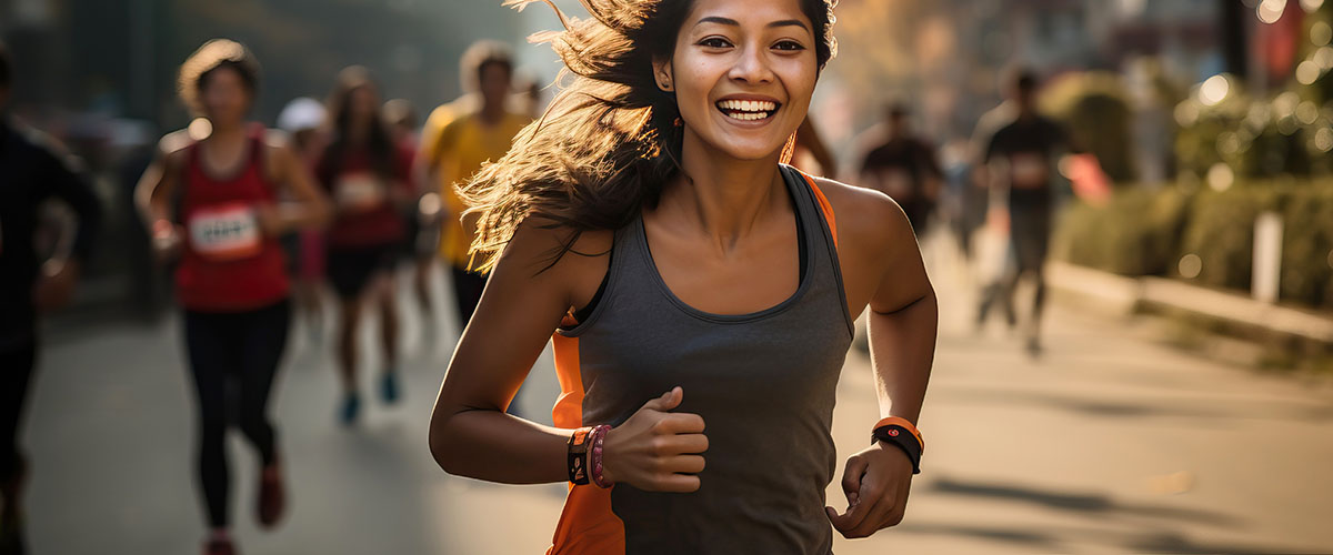 Close up of a smiling woman running in a marathon