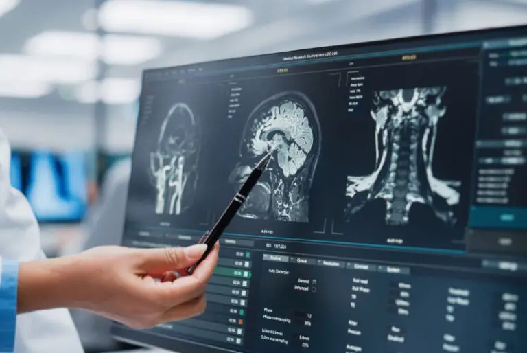 Doctor's hand holding a pen to a point on a display that shows a MRI scan of a human brain